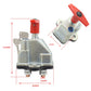 Battery cut-off switch with red lever, silver housing and attached key tags