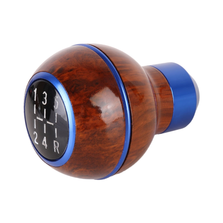 Wood-texture gear shift knob with blue bezel and black numbered shift panel