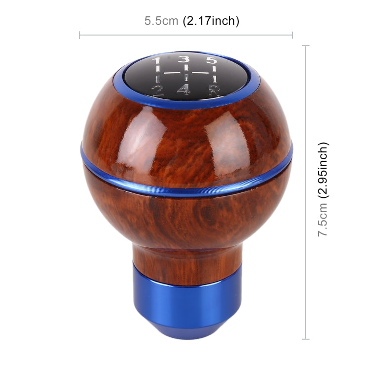 Wood-texture gear shift knob with blue base; labeled size 5.5cm x 7.5cm
