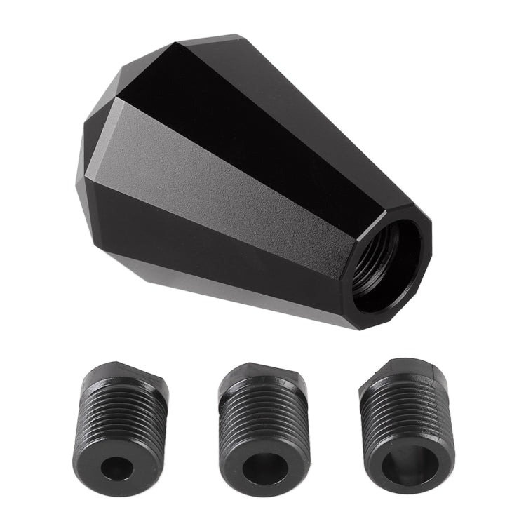 Black faceted gear shift knob with threaded insert and 3 matching adapter pieces