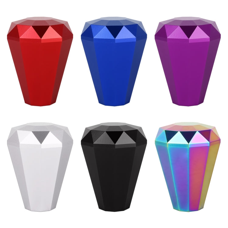 Set of diamond-cut gear shift knobs in red, blue, purple, white, black, and rainbow