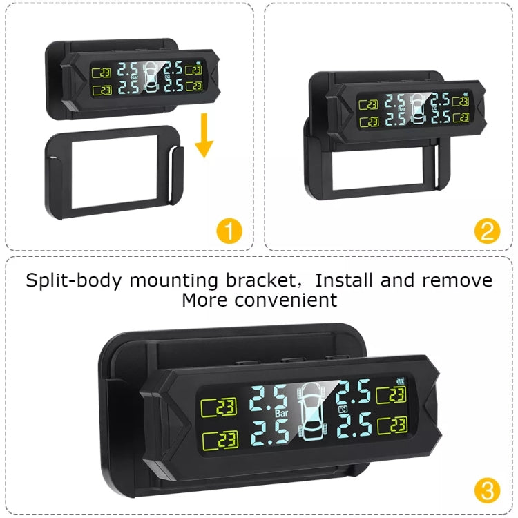 Solar TPMS receiver with split-body mounting bracket and digital screen, black casing