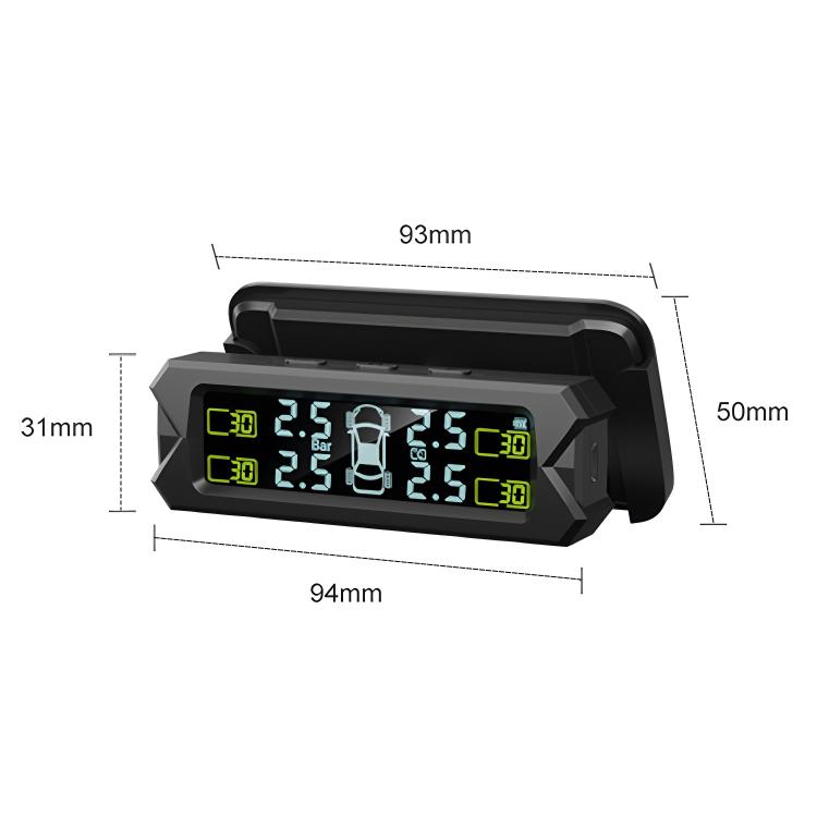 Solar-powered tire pressure monitoring display with LCD showing bar and tire pressures