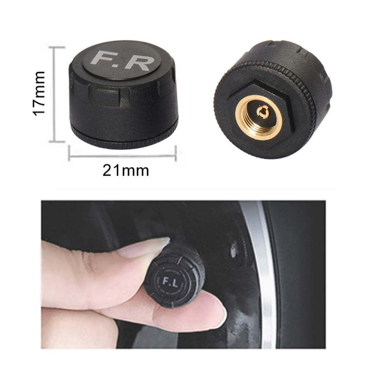 External TPMS valve sensors, black caps with brass inserts, front and side views