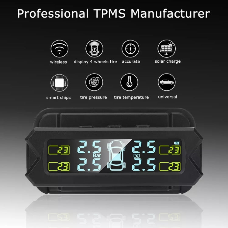 Solar TPMS receiver unit with digital display showing four tire readings, black housing