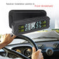 Solar TPMS receiver mounted on front windshield, black display showing tire pressures