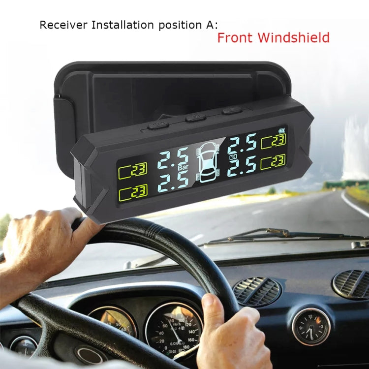 Solar TPMS receiver mounted on front windshield, black display showing tire pressures