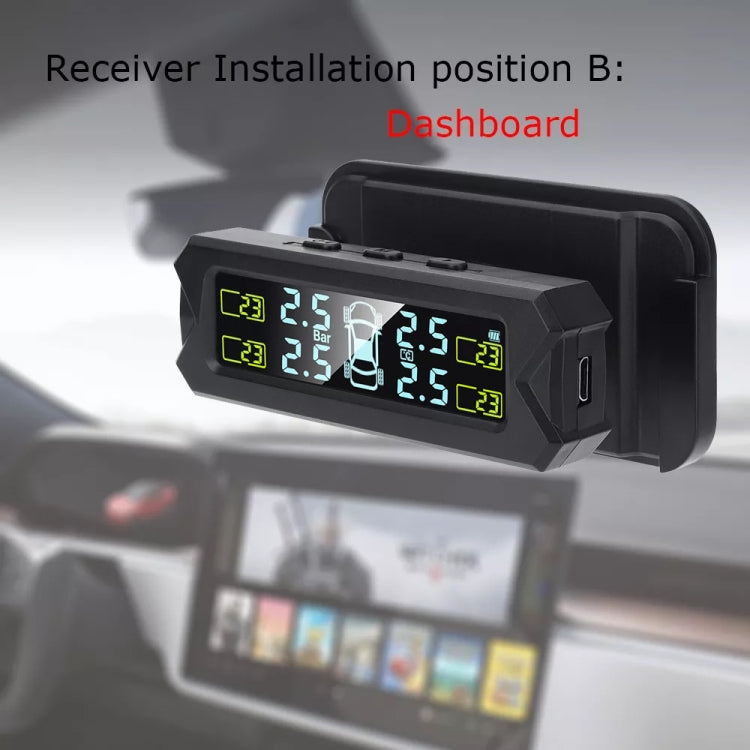 Solar TPMS receiver mounted on dashboard, black unit with digital tire pressure screen