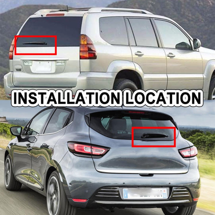 Installed rear windshield wiper blade on SUV, rear view with highlighted blade
