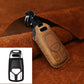 Tan leather key fob cover with key ring and embossed button icons, stitched border