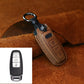 Brown leather key fob cover with metal ring, stitched edge and embossed button icons