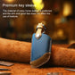 Blue leather key protective cover case with metal ring and embossed key icons