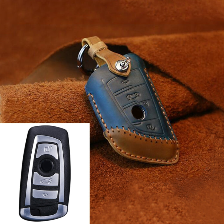 Blue leather key protective cover for BMW key fob, three-key case with metal ring