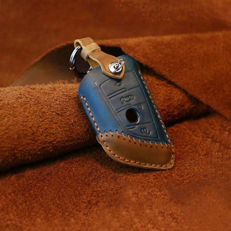 Blue leather key fob protective cover for BMW, three-key case with key ring and buckle