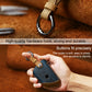 Blue leather key cover with metal hook loop and snap strap, three-key case