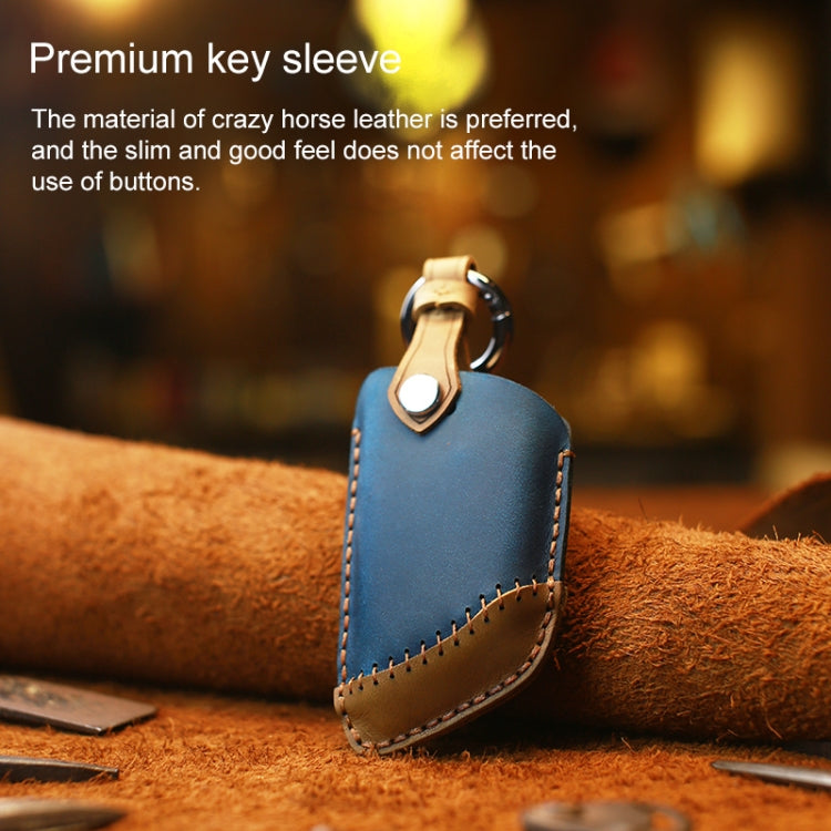Blue leather key fob cover for BMW with logo, three-key case and key ring