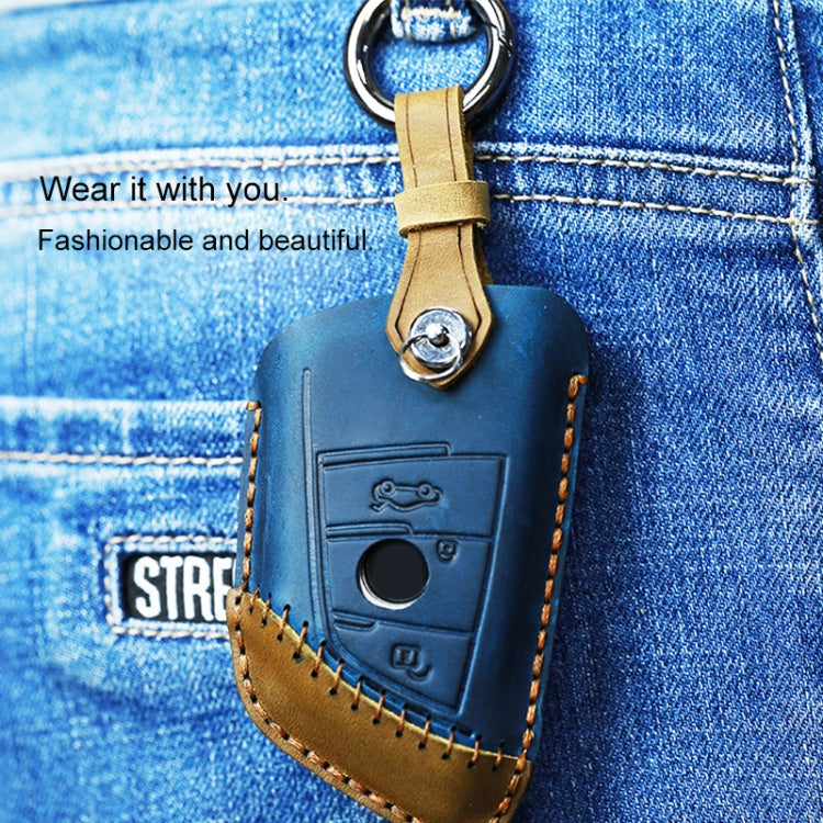 Blue leather key cover with key ring and buttons, three-key case for BMW