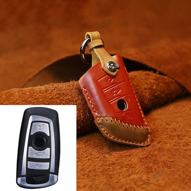 Red leather key fob protective cover for BMW, three-key case with key ring