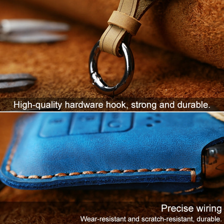 Blue leather key fob cover close-up with key ring loop and embossed button panel.