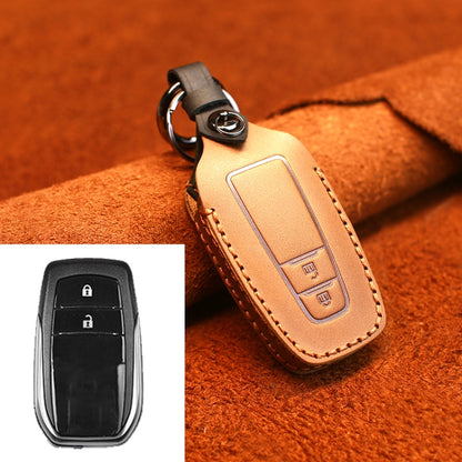 Leather key protective cover with two-button fob insert, tan/brown, keyring loop.
