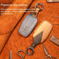 Leather key sleeves set in tan and dark blue, each with keyring loop.