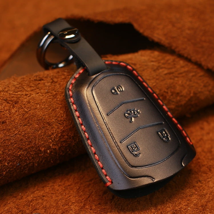 Black leather key fob cover, four-button remote case with key ring loop