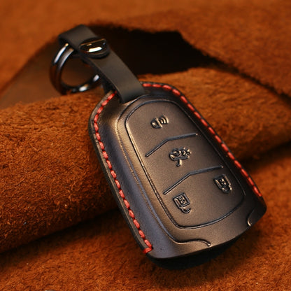 Black leather key fob cover, four-button remote case with key ring loop