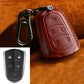 Red leather key fob cover with red stitching and metal carabiner clip