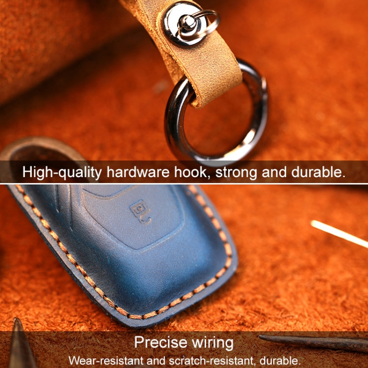 Blue leather key fob cover detail with metal key ring and tan strap