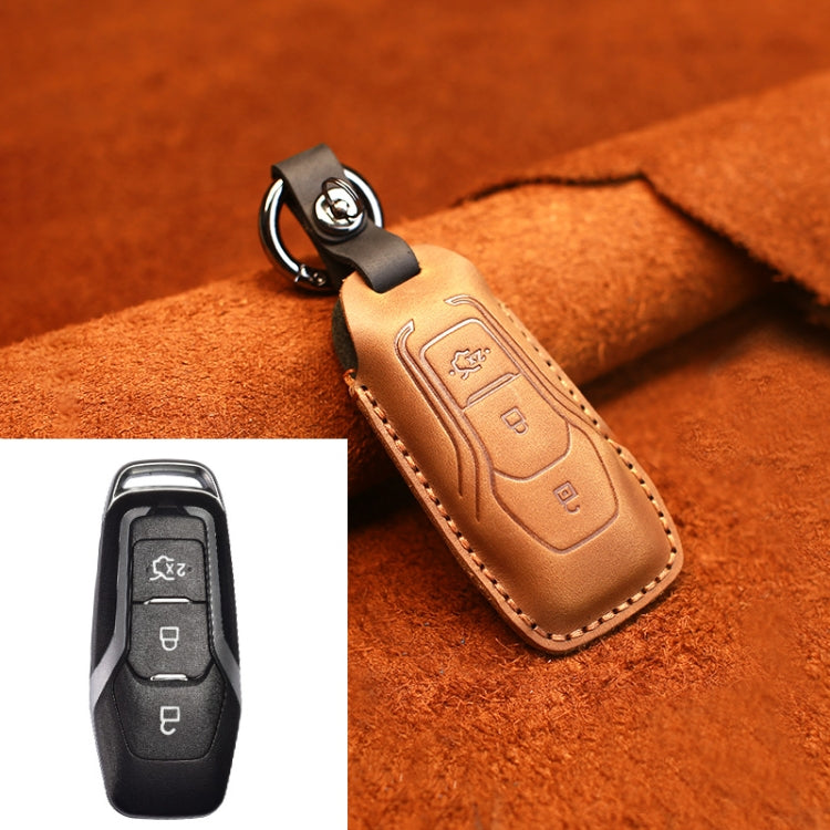 Tan leather key fob protective cover with keyring and stitched border