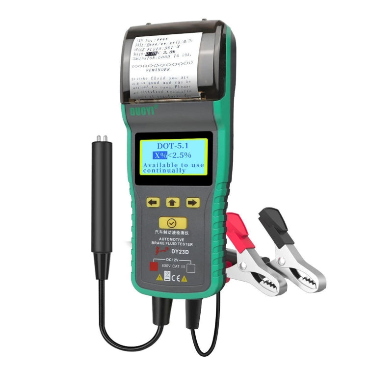Brake fluid tester pen with LCD screen, test probe, and clamp leads