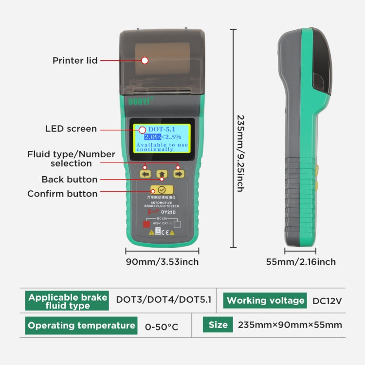 Brake fluid tester pen with LCD screen, labeled buttons, and side profile