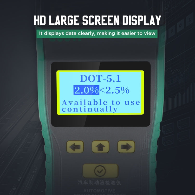 Close-up of brake fluid tester pen LCD screen showing DOT-5.1 reading