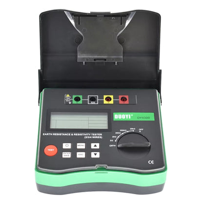 Digital earth resistance tester in open case with front LCD, buttons, and port panel
