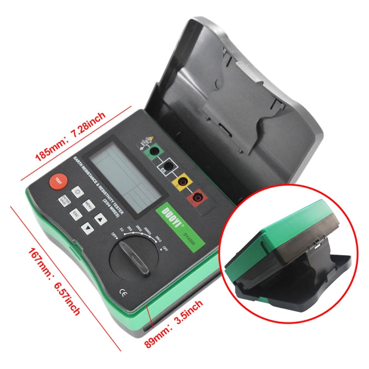 Compact ground resistance tester with LCD screen, button panel, and test port area