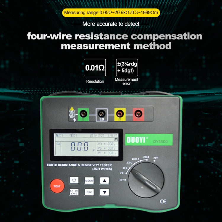 Front panel earth resistance and resistivity tester with LCD readout and selector dial