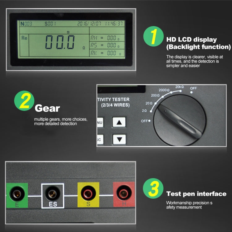 Ground tester close-up showing LCD display, controls, and test pen interface ports