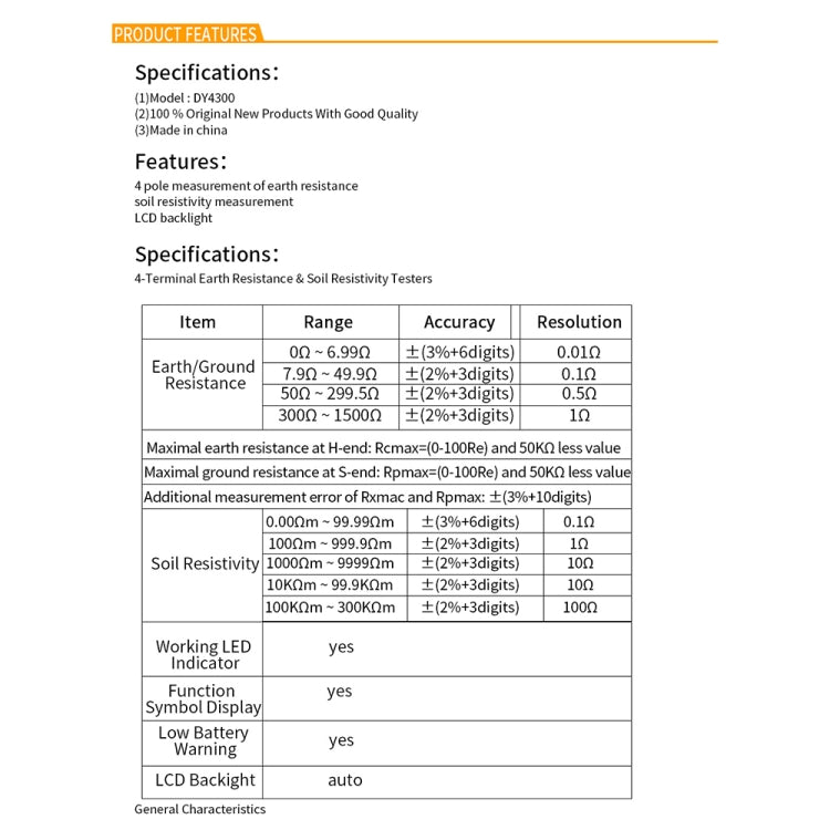 Product specifications table for earth resistance and soil resistivity tester