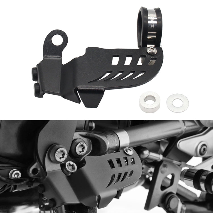 BMW motorcycle side bracket switch guard, black metal with vented cutouts
