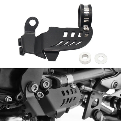 BMW motorcycle side bracket switch guard, black metal with vented cutouts