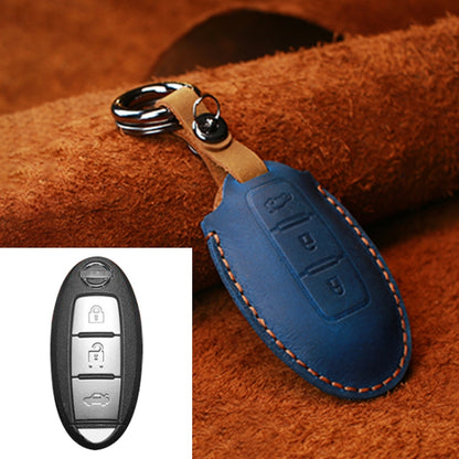 Nissan leather key protective cover case, blue with metal keyring and stitching