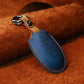 Nissan leather key protective cover case, blue with keyring and stitched edges