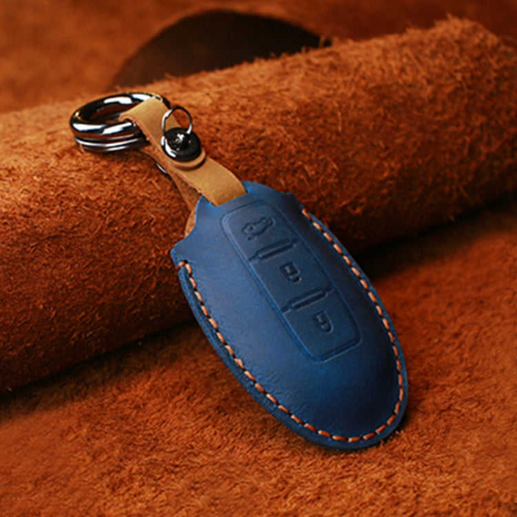 Nissan leather key protective cover case, blue with keyring and stitched edges