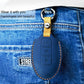 Nissan leather key protective cover case, blue on jeans with metal keyring