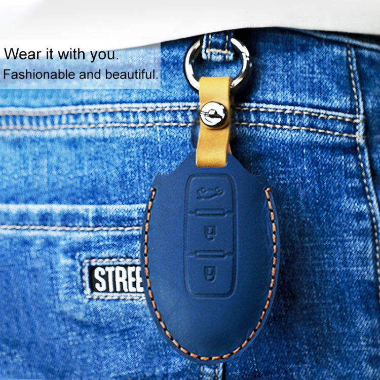 Nissan leather key protective cover case, blue on jeans with metal keyring