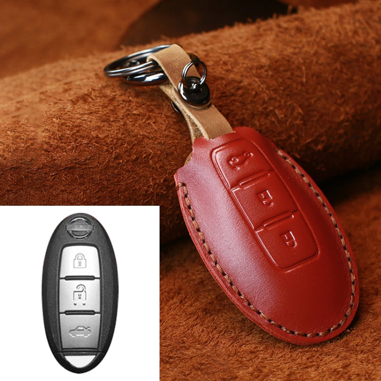 Nissan leather key protective cover case, red with metal keyring and stitched trim