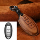 Nissan leather key protective cover case, brown with metal keyring and stitched trim
