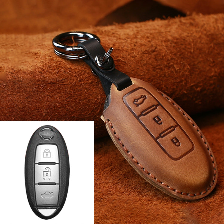 Nissan leather key protective cover case, brown with metal keyring and stitched trim
