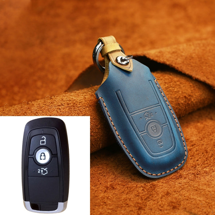 Blue leather key protective case for three-button Ford key fobs with metal key ring