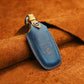 Blue leather key fob cover with embossed remote icons and stitched edges